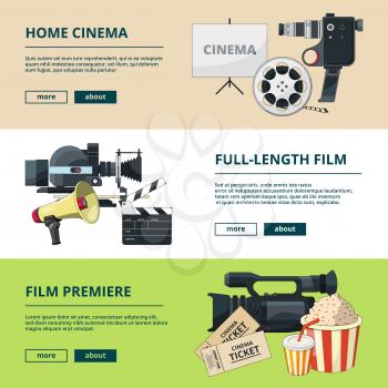 Horizontal banners set with cinema compositions. Video entertainment pictures. Home cinema and video camera, clapper and banner cinematography production. Vector illustration