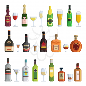 Illustrations of alcoholic bottles and glasses in cartoon style. Vector alcohol bottle wine and champagne, beverage whiskey and martini