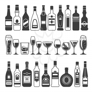 Monochrome illustrations of black pictures of alcoholic bottles. Vector for logo or label design. Alcohol bottle menu, drink cocktail glass