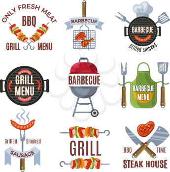 Colored labels set for bbq party. Grilled food barbecue steak, bbq menu sign, vector illustration