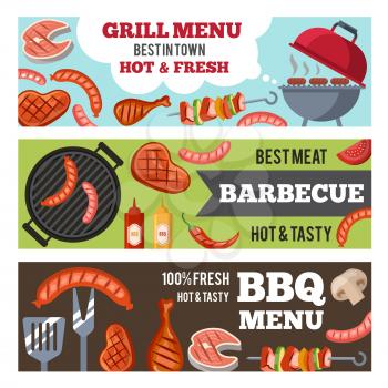 Vector horizontal banners set with illustrations of different foods for bbq party. Meat and sausage cooking grilled poster