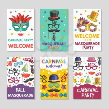 Banners or cards set with illustrations of funny tools for masquerade. Design template with place for your text. Masquerade holiday banner, party carnival card of set vector