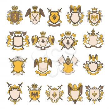 Colored pictures set of heraldic elements. Vector shield with eagle and lion, royal heraldic majestic illustration