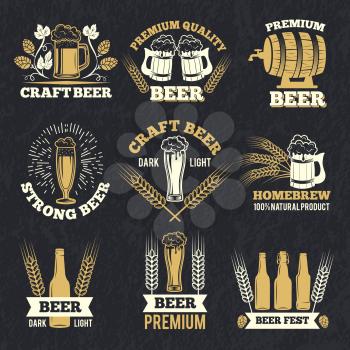 Brewery labels isolate on dark background. Badges template with place for your text. Alcohol badge drink, vintage premium pub, vector illustration