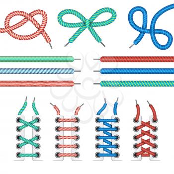 Different laces for shoes. Fashion pictures set isolate on white. Shoelace for footwear, fashion lace string in stripe color. Vector illustration
