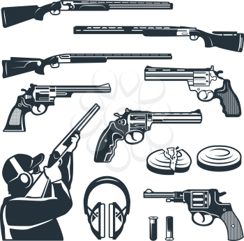 Vector set of monochrome pictures of different weapons and accessories for shooting club. Weapon rifle and gun shooting illustration