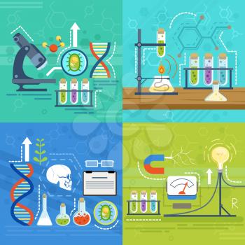 Conceptual illustrations of science with different chemist symbols. Vector banners in cartoon style. Science chemical laboratory for test