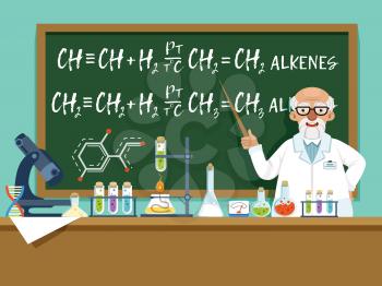 Professor in his laboratory for experiments. Medical and chemical ingredients. Vector background illustration. Cartoon professor experiment chemistry in lab