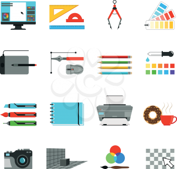 Graphic and computer design. Different tools for artists and graphic designers. Vector icons set in cartoon style. Drawing digital pen, tablet and brush equipment instrument illustration