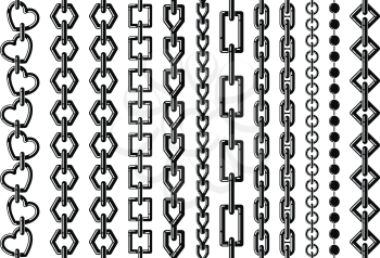 Silhouette of different steel chains isolate on white. Vector monochrome seamless set. Collection of chain metal strength, connection and joined endless chain illustration