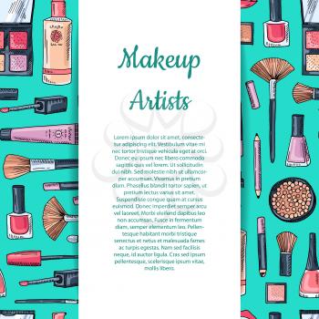 Vector hand drawn makeup products background with wide white ribbons with shadows and place for text illustration