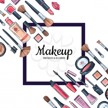 Vector background with frame and place for text with flat style makeup and skincare for beauty industry. Makeup beauty frame with cosmetic illustration