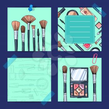 Vector hand drawn makeup products, brushes, shadows lined notes set illustration