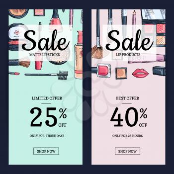 Vector sale banners for beauty shop with hand drawn makeup products backgrounds. Card illustration flat style