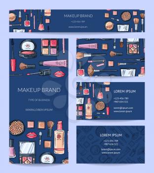 Vector beauty or makeup brand identity set with banner, flyer and business card templates with hand drawn makeup products illustration