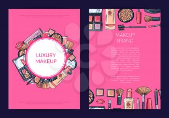 Vector card, flyer, brochure template for beauty brand, presentation with hand drawn makeup background and framed circle with place for text illustration