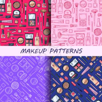 Vector hand drawn makeup colored and monochrome patterns set illustration