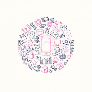 Vector social media hand drawn elements circle with smartphone in center illustration