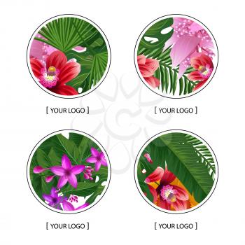 Vector tropical palm leaves and exotic flower elements round logo symbols set isolated on white background illustration