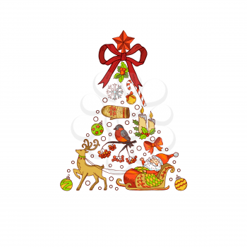 Vector hand drawn colored christmas tree, made of xmas elements with santa, gifts, bows and bells isolated on white background illustration