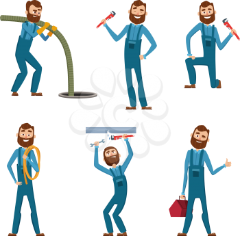 Funny character of repairman or plumber in different poses. Vector mascot design. Illustratioin of repairman and plumber, worker service