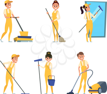 Funny characters of cleaning or technician service. Job professional service cleaner, vector illustration