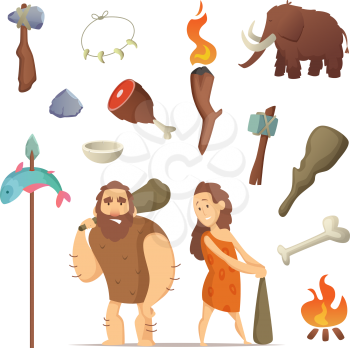 Different tools from prehistoric period. Primitive old weapons for caveman. Primitive neanderthal hammer with weapon illustration