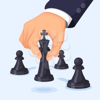 Business concept illustration. Hand moving chess. Visualization of leadership. Chess strategy game, move king vector