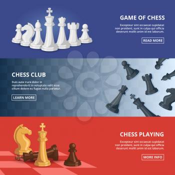 Horizontal banners set with illustrations of chess. Vector design template with place for your text. Chess strategy and competition, sport brainstorm intelligence