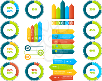 Pie graphs, vertical and horizontal arrows. Infographic elements. Chart and graph, arrow diagram and step graphic, vector illustration