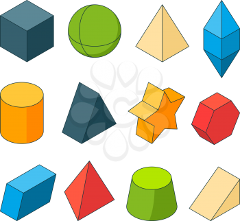 3d model of geometry shapes. Colored pictures sets. Pyramids, stars, cube and others. Pyramid and cube, geometry model cylinder and hexagon illustration