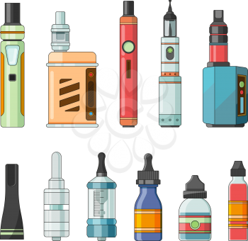 E cigarettes and different electric tools for vaping. Vapor and e-cigarette, electric cigarette, vaporizer e-cig illustration