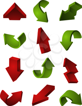 3D arrows set isolate on white. Arrow pointer cursor curving and turning, vector illustration
