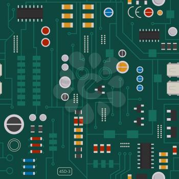 Seamless pattern of electronic circuit with diodes, chips and transistors. Vector background electrical motherboard and component illustration