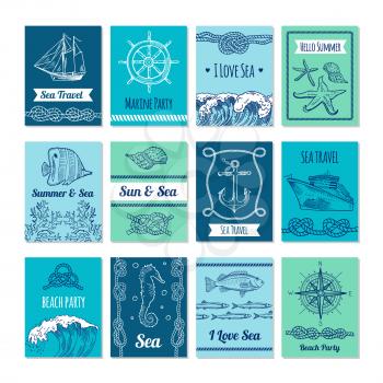 Design template of cards with marine symbols in vector stale. Nautical illustrations with place for your text. Nautical marine card, sea and sun banner