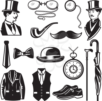 Retro pictures in victorian style. Illustrations for gentleman club labels. Gentleman in victorian english style and fashion, clothing dandy vector