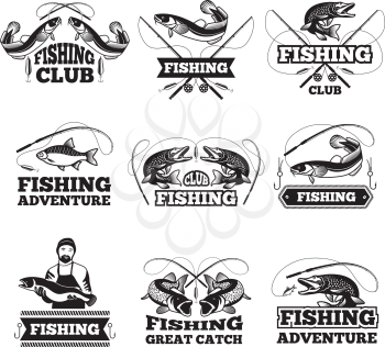 Monochrome pictures of salmon, water and others symbols for fishing club. Badges or labels design template with place for your text. Fishing adventure monochrome collection logotype illustration