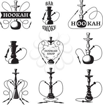 Labels set for hookah and lounge club. Vector monochrome illustrations. Set of hookah emblem and logo