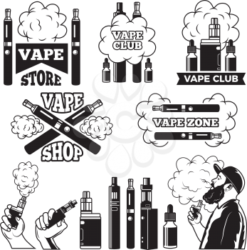Monochrome labels set for vaping and smoking club or shop. Electronic cigarette and vape shop, vaping club emblem. Vector illustration