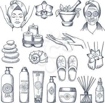 Illustrations set for spa salon. Candles, oils and stones, water therapy. Beauty therapy and spa relaxation for wellness vector