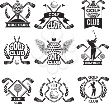 Monochrome labels for golf club. Illustration for sport tournament or competition. Golf club emblem and badge collection vector