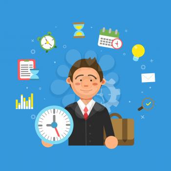Businessman and different symbols of productivity and time management. Businessman management time and productivity. Vector illustration