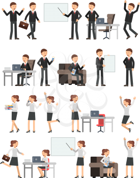 Different business peoples male and female in action poses. Woman at work. Illustrations of characters business person woman and man vector