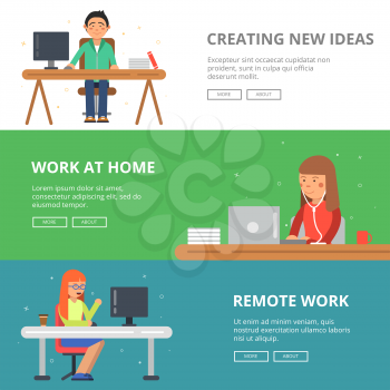 Horizontal banners with illustrations of freelancers at his workspace. Programmers and designers workplace job, freelance professional man vector