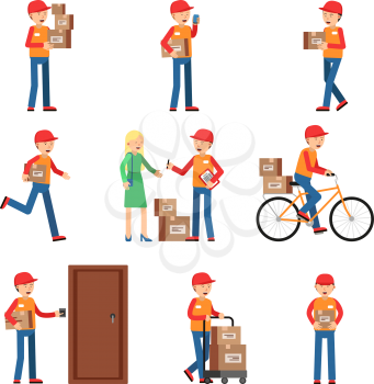 Delivery worker in different action poses. Man holding box or package. Vector characters delivery package, worker person with parcel illustration