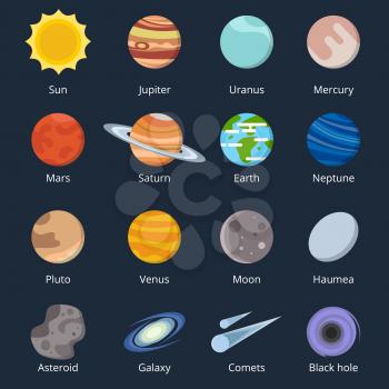 Different planets of solar system. Illustration of space in cartoon style.