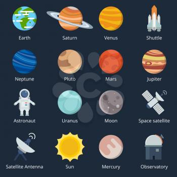 Planets of solar system and different space tools. Icon set in vector style. Illustration of planets and telescope, moon and shuttle