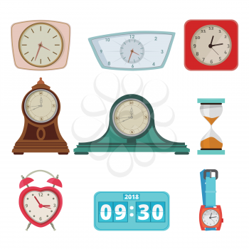 Set of different clocks and hand watches isolate on white. Clock and watch hand, time and dial. Vector illustration