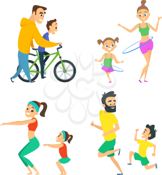 Set of family couples in fitness activities. Parents playing in active games with their children. Family fitness sport exercise for healthy life. Vector illustration