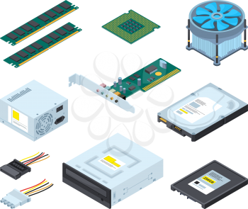 Different hardware parts and components of personal computer. Vector isometric pictures set. Memory and hdd device illustration